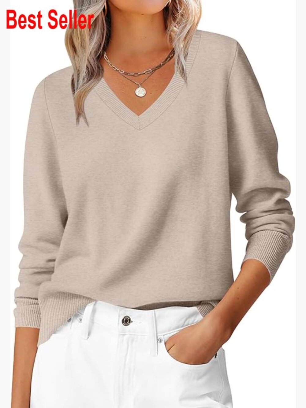 Long Sleeve V-Neck Pullover Sweater Soft Loose Basic Top